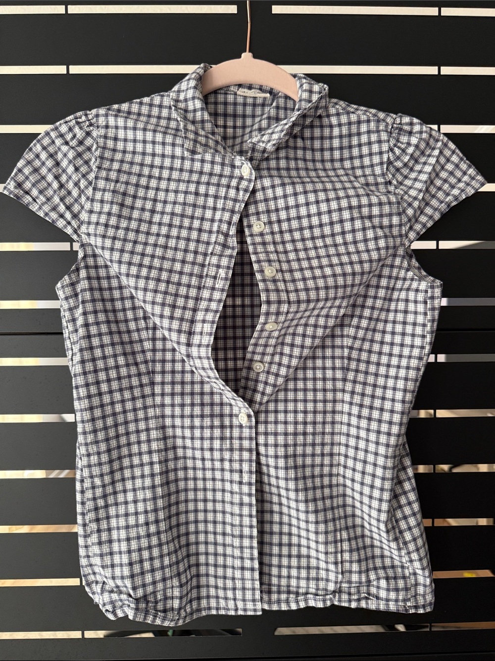 Brandy Melville John Galt Navy and White Check Cap-Sleeve Button-Up Top